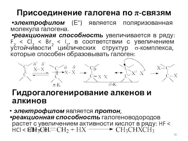 Присоединение галогена по π-связям электрофилом (Е+) является поляризованная молекула галогена.