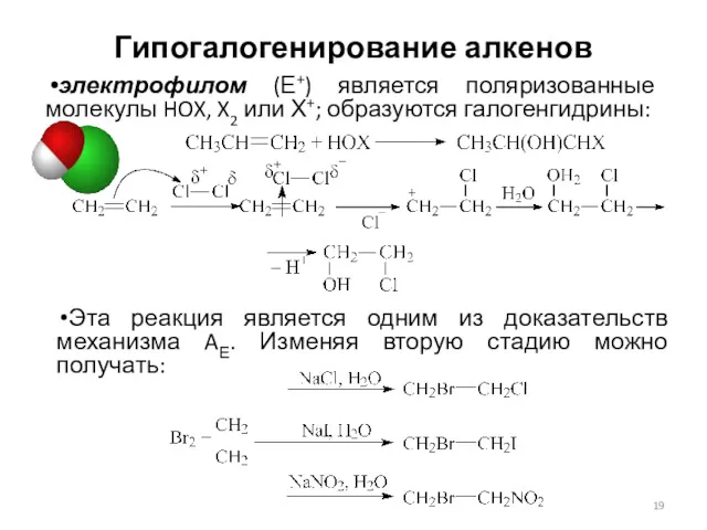 Гипогалогенирование алкенов электрофилом (Е+) является поляризованные молекулы HOX, X2 или