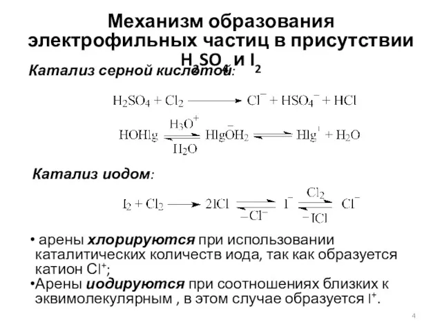 Механизм образования электрофильных частиц в присутствии H2SO4 и I2 Катализ