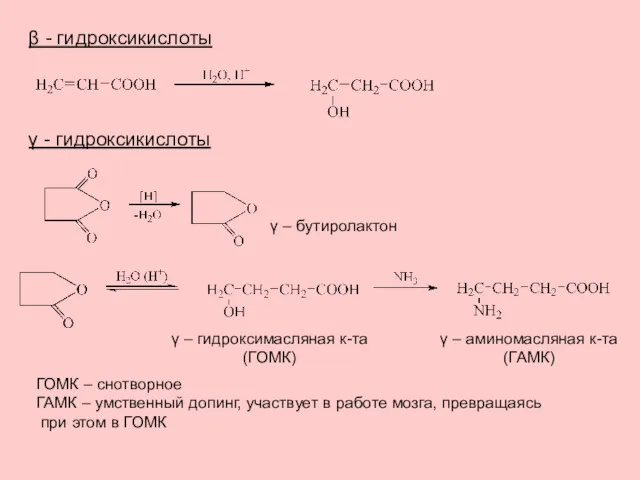β - гидроксикислоты γ - гидроксикислоты γ – бутиролактон γ