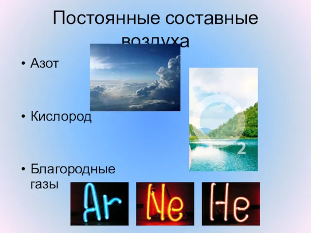 Постоянные составные воздуха Азот Кислород Благородные газы