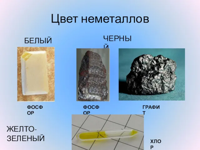 Цвет неметаллов БЕЛЫЙ ЧЕРНЫЙ ФОСФОР ФОСФОР ГРАФИТ ЖЕЛТО-ЗЕЛЕНЫЙ ХЛОР