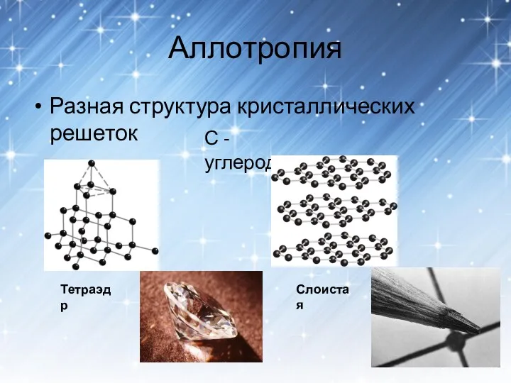 Аллотропия Разная структура кристаллических решеток С - углерод Тетраэдр Слоистая