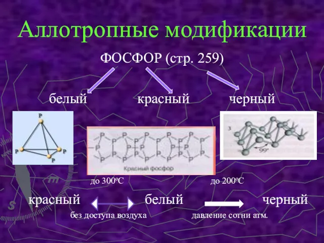 Аллотропные модификации ФОСФОР (стр. 259) белый красный черный до 300оС