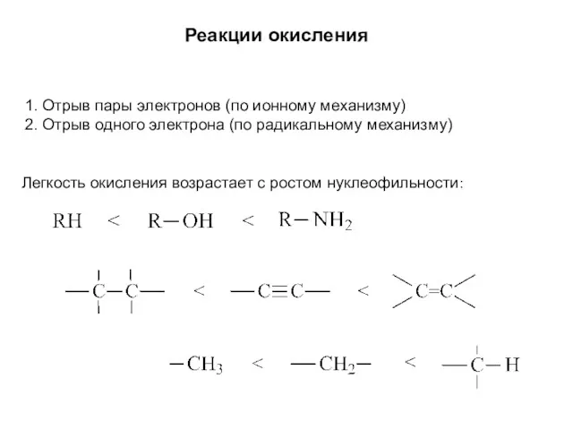 Реакции окисления 1. Отрыв пары электронов (по ионному механизму) 2.