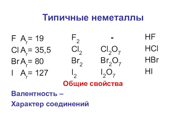 Типичные неметаллы F Ar= 19 Cl Ar= 35,5 Br Ar=