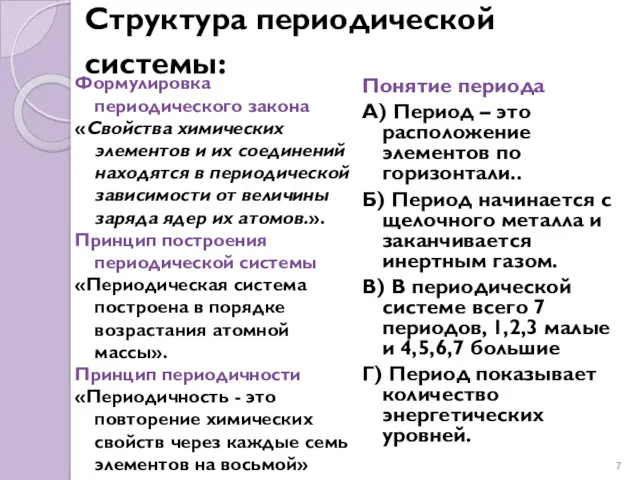 Структура периодической системы: Формулировка периодического закона «Свойства химических элементов и