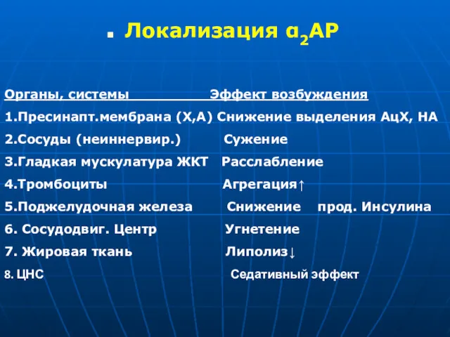 Локализация α2АР Органы, системы Эффект возбуждения 1.Пресинапт.мембрана (Х,А) Снижение выделения