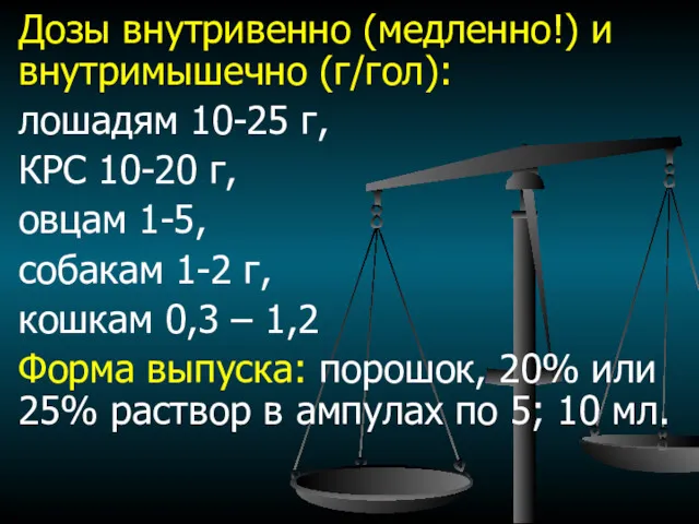 Дозы внутривенно (медленно!) и внутримышечно (г/гол): лошадям 10-25 г, КРС