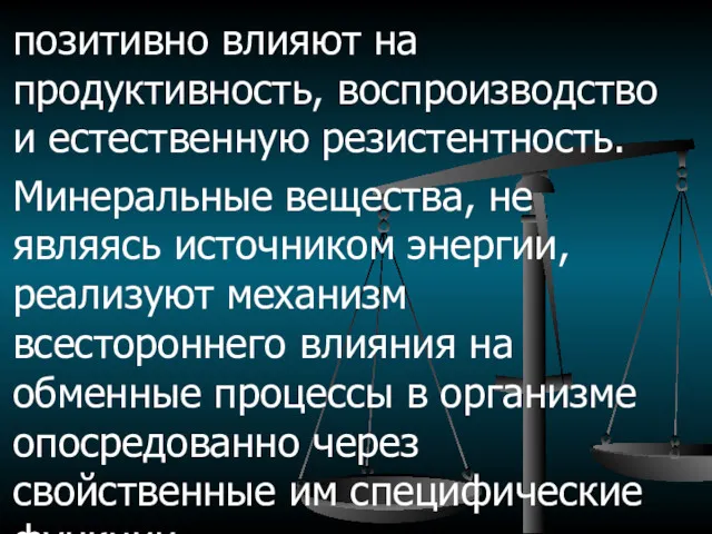 позитивно влияют на продуктивность, воспроизводство и естественную резистентность. Минеральные вещества,