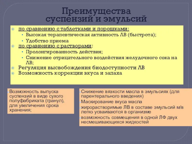 Преимущества суспензий и эмульсий по сравнению с таблетками и порошками: