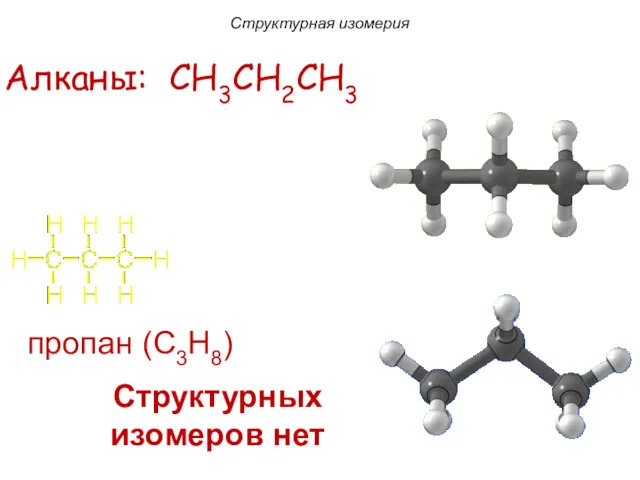 пропан (C3H8) Алканы: CH3CH2CH3 Структурных изомеров нет Структурная изомерия