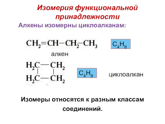 Изомерия функциональной принадлежности Изомеры относятся к разным классам соединений. С4Н8 С4Н8 алкен циклоалкан Алкены изомерны циклоалканам: