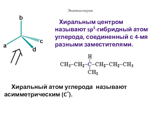 Энантиомерия Хиральный атом углерода называют асимметрическим (C*). Хиральным центром называют