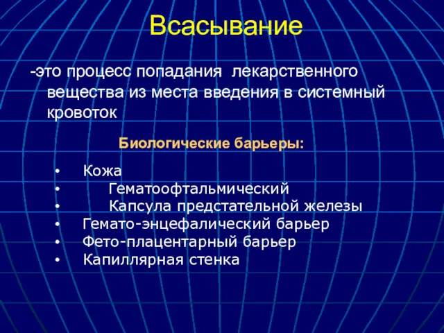 Всасывание -это процесс попадания лекарственного вещества из места введения в