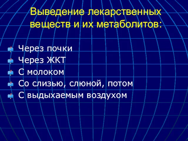 Выведение лекарственных веществ и их метаболитов: Через почки Через ЖКТ