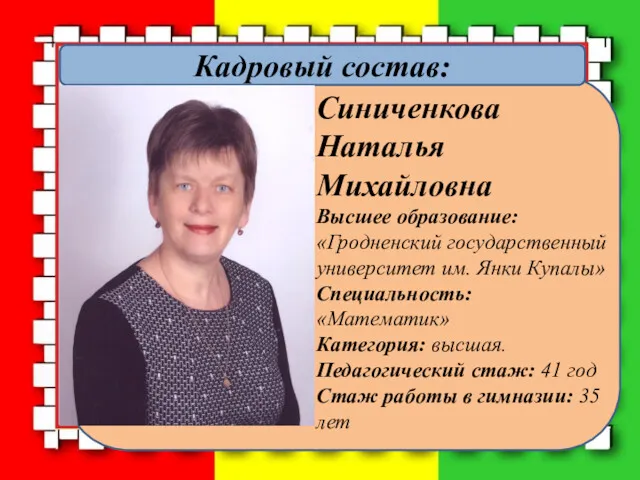 Кадровый состав: Синиченкова Наталья Михайловна Высшее образование: «Гродненский государственный университет