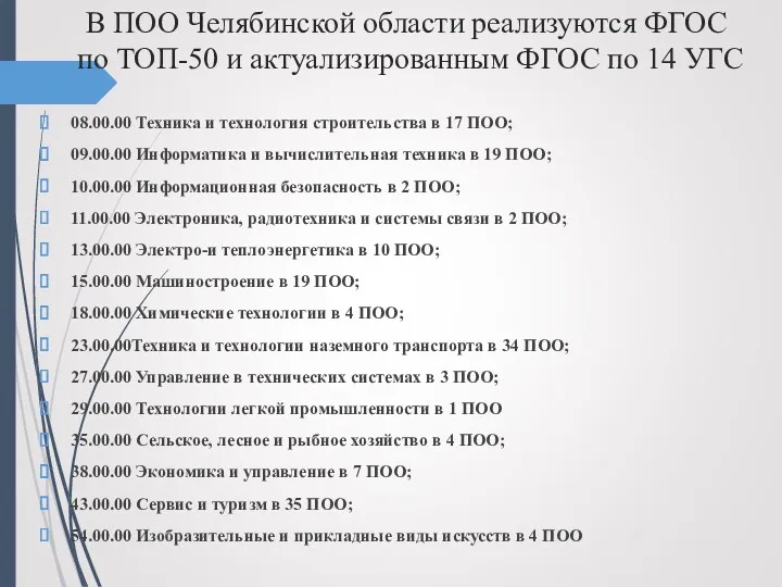 В ПОО Челябинской области реализуются ФГОС по ТОП-50 и актуализированным