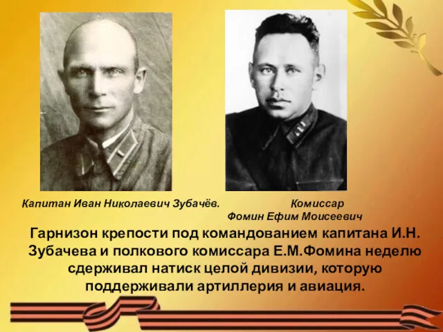 Капитан Иван Николаевич Зубачёв. Комиссар Фомин Ефим Моисеевич Гарнизон крепости