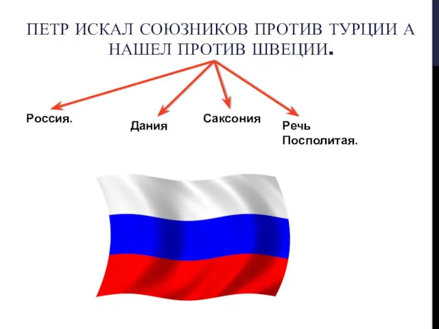 ПЕТР ИСКАЛ СОЮЗНИКОВ ПРОТИВ ТУРЦИИ А НАШЕЛ ПРОТИВ ШВЕЦИИ. Россия. Дания Саксония Речь Посполитая.