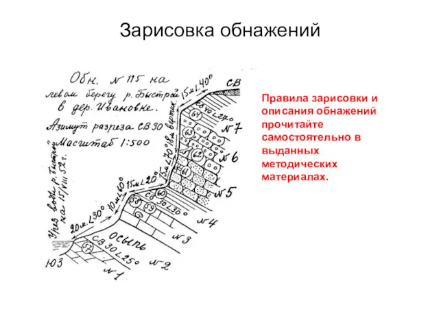 Зарисовка обнажений Правила зарисовки и описания обнажений прочитайте самостоятельно в выданных методических материалах.