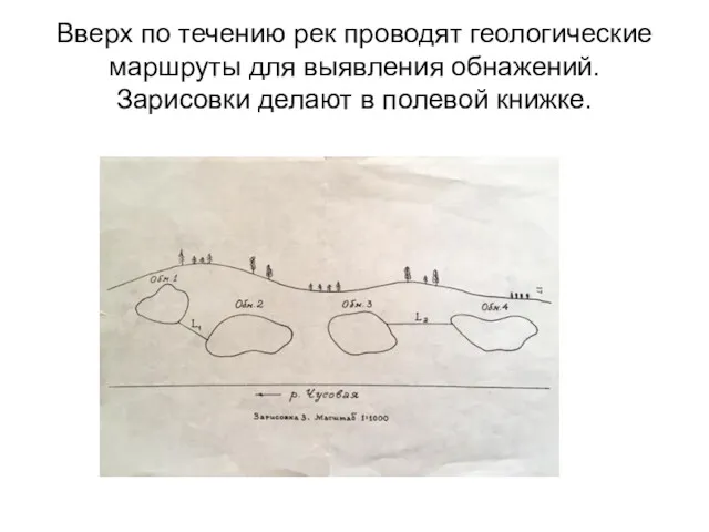 Вверх по течению рек проводят геологические маршруты для выявления обнажений. Зарисовки делают в полевой книжке.