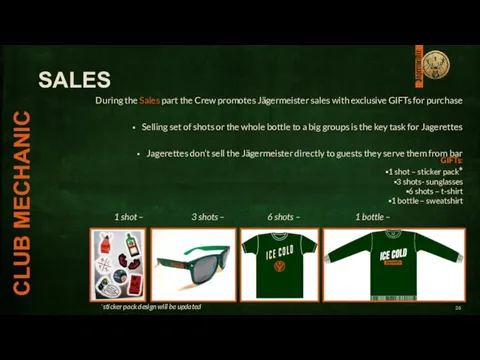 During the Sales part the Crew promotes Jägermeister sales with