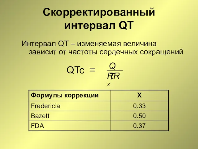 Интервал QT – изменяемая величина зависит от частоты сердечных сокращений Скорректированный интервал QT
