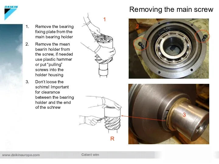 Calant wim Removing the main screw Remove the bearing fixing