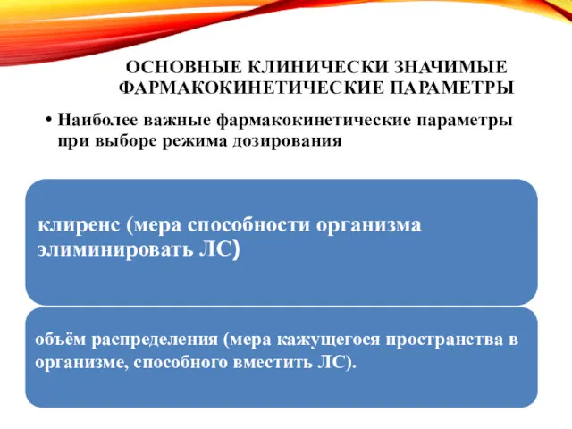 ОСНОВНЫЕ КЛИНИЧЕСКИ ЗНАЧИМЫЕ ФАРМАКОКИНЕТИЧЕСКИЕ ПАРАМЕТРЫ Наиболее важные фармакокинетические параметры при выборе режима дозирования