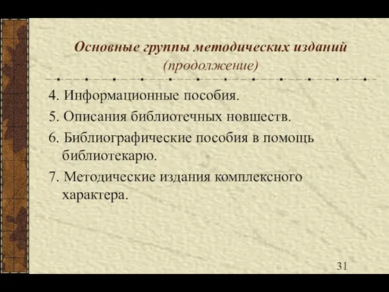 Основные группы методических изданий (продолжение) 4. Информационные пособия. 5. Описания