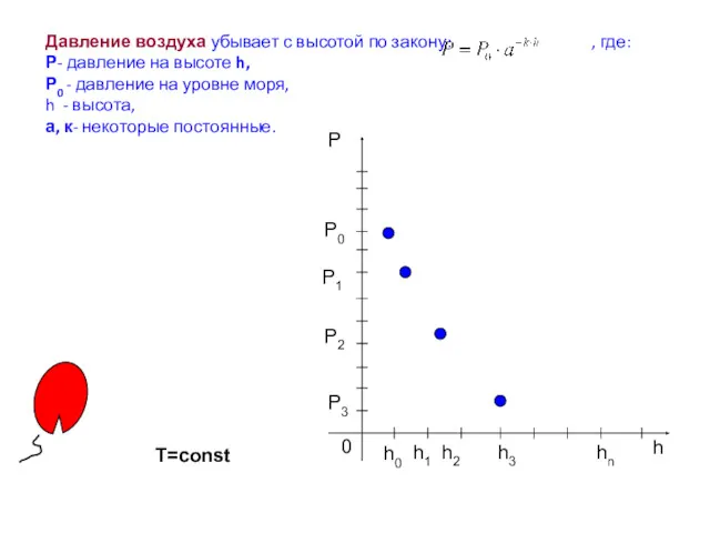 Давление воздуха убывает с высотой по закону: , где: Р-