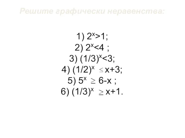 Решите графически неравенства: 1) 2х>1; 2) 2х 3) (1/3)х 4)