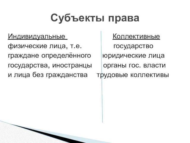 Индивидуальные Коллективные физические лица, т.е. государство граждане определённого юридические лица