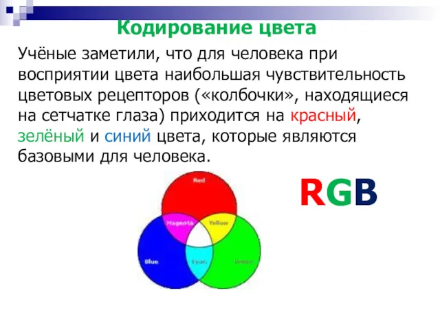 Кодирование цвета Учёные заметили, что для человека при восприятии цвета