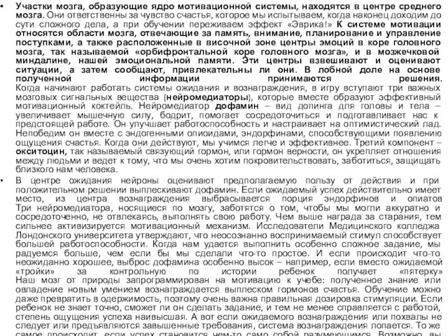 Участки мозга, образующие ядро мотивационной системы, находятся в центре среднего