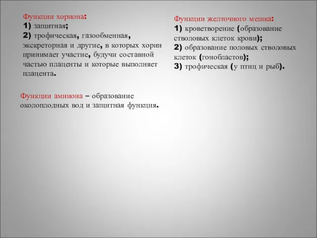 Функции хориона: 1) защитная; 2) трофическая, газообменная, экскреторная и другие,