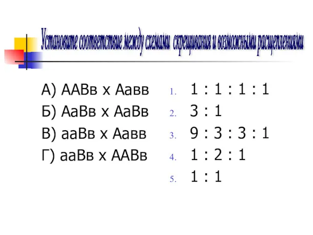 А) ААВв х Аавв Б) АаВв х АаВв В) ааВв