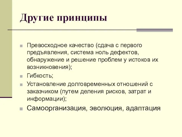 Другие принципы Превосходное качество (сдача с первого предъявления, система ноль