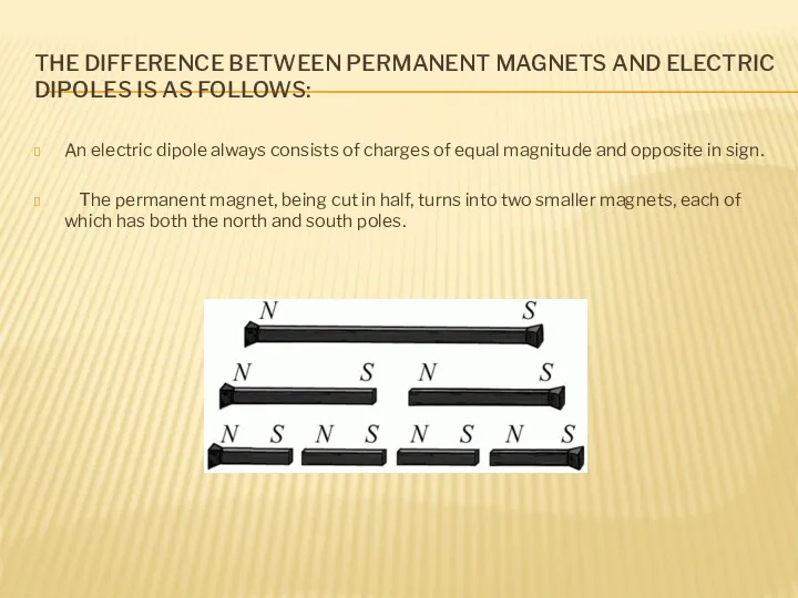 THE DIFFERENCE BETWEEN PERMANENT MAGNETS AND ELECTRIC DIPOLES IS AS FOLLOWS: An electric