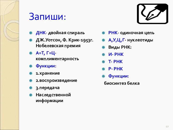 Запиши: ДНК- двойная спираль ДЖ.Уотсон, Ф. Крик-1953г.Нобелевская премия А=Т, Г=Ц-