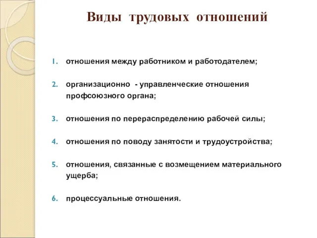 Виды трудовых отношений отношения между работником и работодателем; организационно -