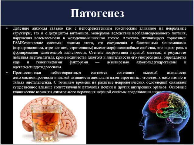 Патогенез Действие алкоголя связано как с непосредственным токсическим влиянием на