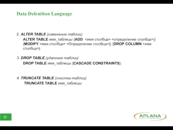 Data Defenition Language 2. ALTER TABLE (изменение таблиц) ALTER TABLE