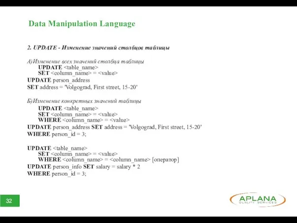 Data Manipulation Language 2. UPDATE - Изменение значений столбцов таблицы