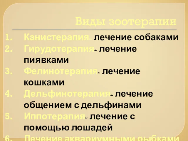 Виды зоотерапии Канистерапия- лечение собаками Гирудотерапия- лечение пиявками Фелинотерапия- лечение