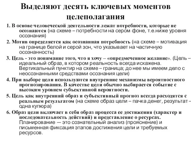 Выделяют десять ключевых моментов целеполагания 1. В основе человеческой деятельности