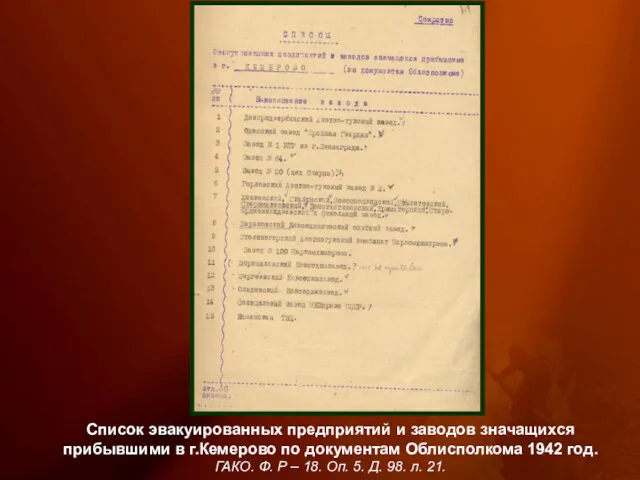 Список эвакуированных предприятий и заводов значащихся прибывшими в г.Кемерово по