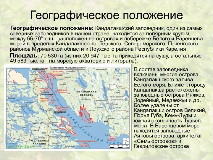 Географическое положение Географическое положение: Кандалакшский заповедник, один из самых северных