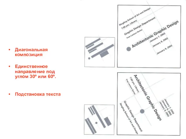 Диагональная композиция Единственное направление под углом 30º или 60º. Подстановка текста